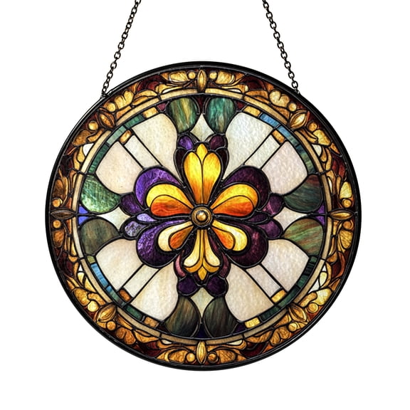 Ornamental Fleur De Lis Stained Glass Style Suncatcher, Decorative Window Hanging for Living Room Bedroom Accent Gift