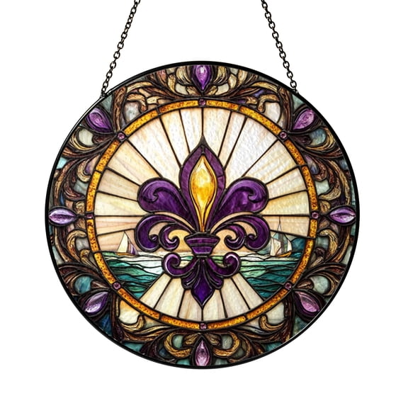 Ornamental Fleur de Lis Glass Panel Decor, Stained Glass Style Window Art