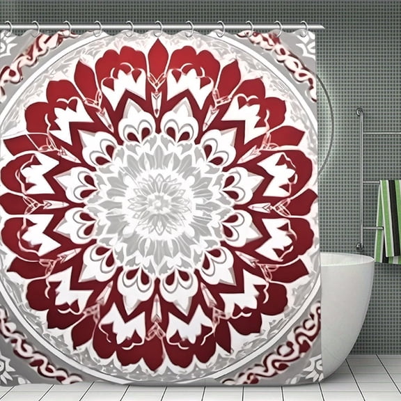 Ornamental Mandala Red White Print Shower Curtain,Modern Fabric Waterproof Shower Curtain Set with Hooks,70.870.8Inch