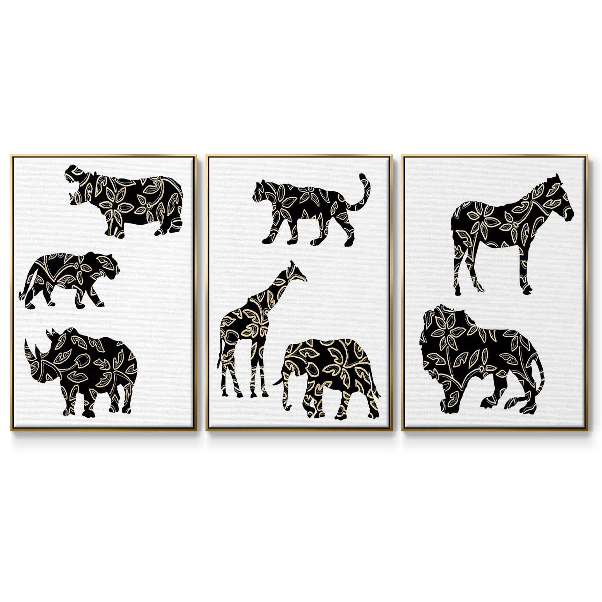 Ornamental Safari Animals I - Framed Premium Gallery Wrapped Canvas L Frame 3 Piece Set - Ready to Hang