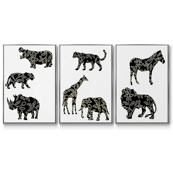 Ornamental Safari Animals I - Framed Premium Gallery Wrapped Canvas L Frame 3 Piece Set - Ready to Hang