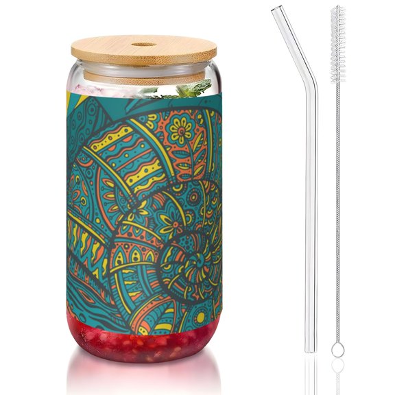 Ornamental Snails Abstract Snail 16oz Can Shaped Glass Cup with Bamboo Lid Straw Brush, Reusable Iced Coffee Beer Can Glass Tumbler for Soda, Tea, Cocktails