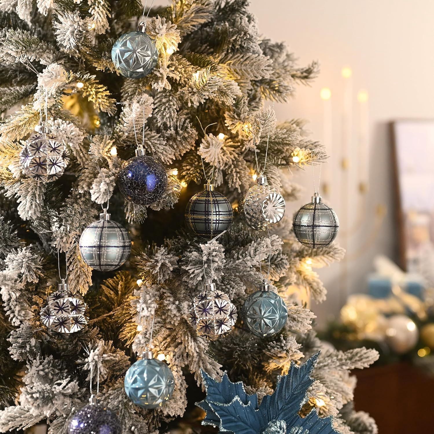 Ornaments for Christmas Trees, 16ct 2.36 Inches White and Silver Shatterproof Christmas Tree Decorations, Hanging Ball Ornaments for Xmas Holiday Party Decor