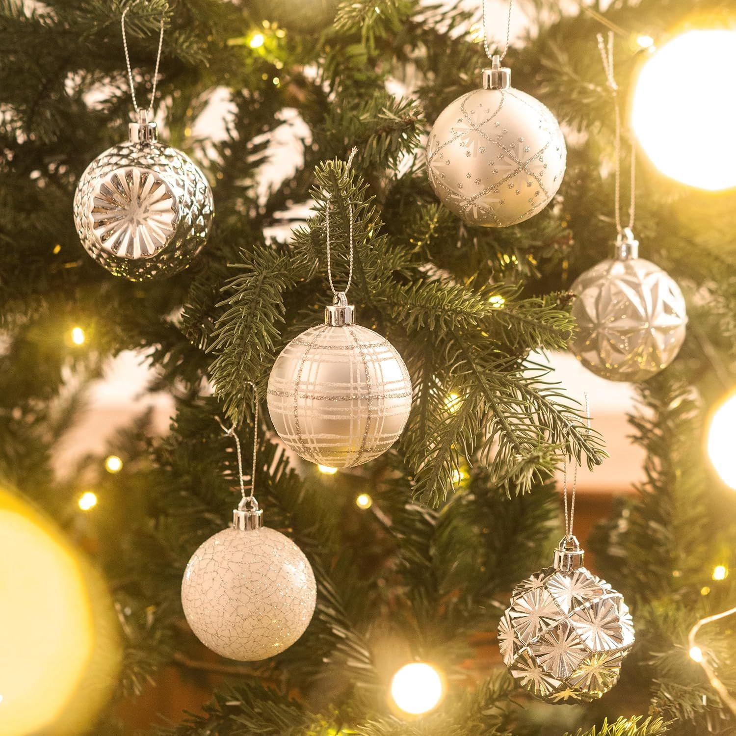 Ornaments for Christmas Trees, 16ct 2.36 Inches White and Silver Shatterproof Christmas Tree Decorations, Hanging Ball Ornaments for Xmas Holiday Party Decor