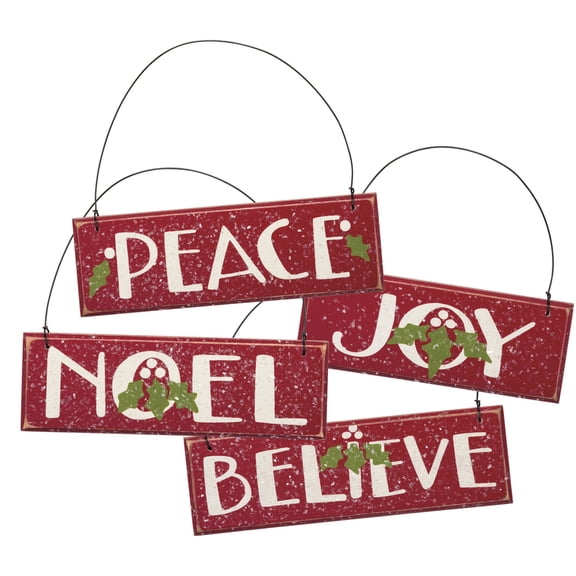 Ornaments - Set of 4 - Red Wooden Christmas Tree Holiday Home Decor "Joy" "Peace" "Noel" "Believe"