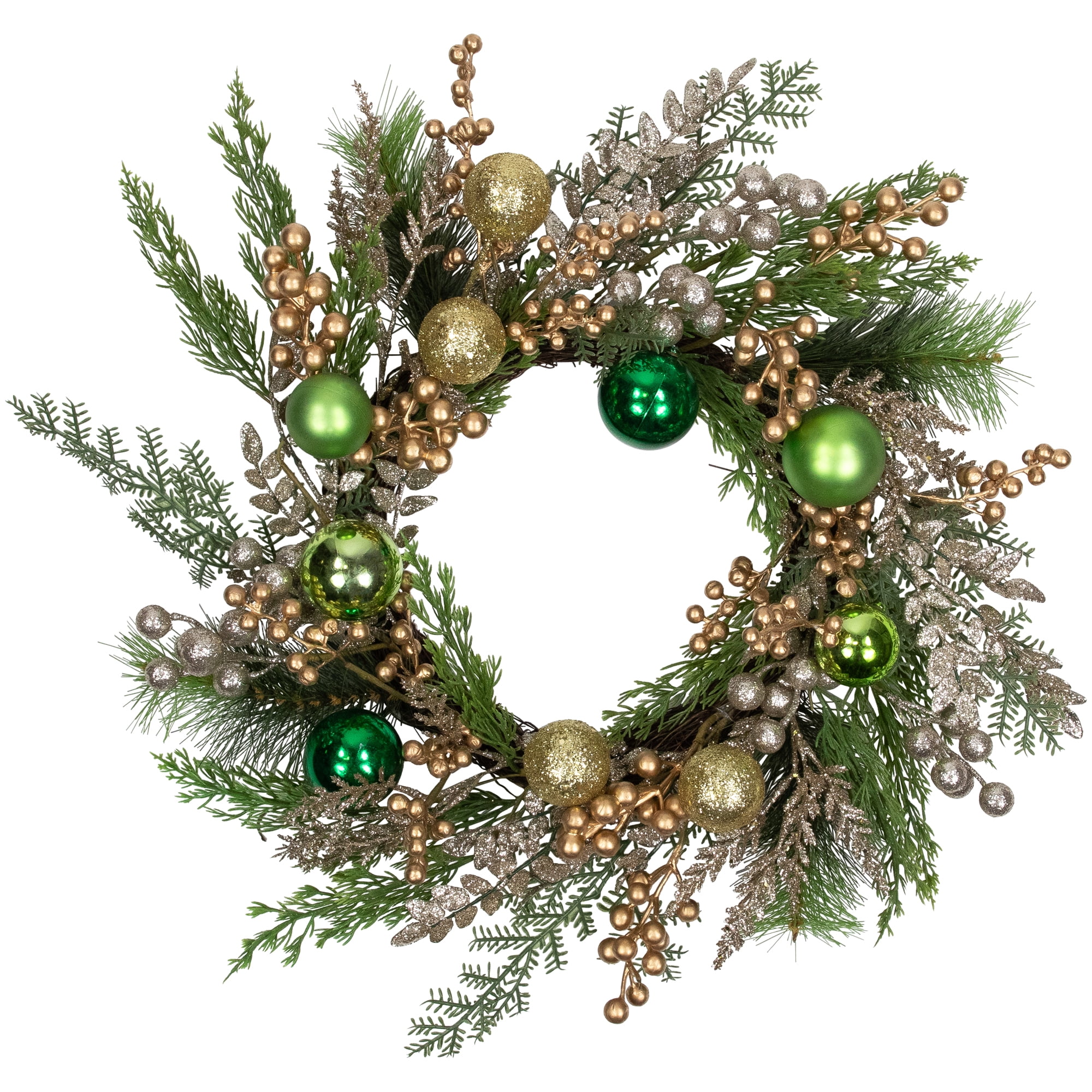 Ornaments and Berries Glittered Artificial Christmas Wreath - 24" - Unlit
