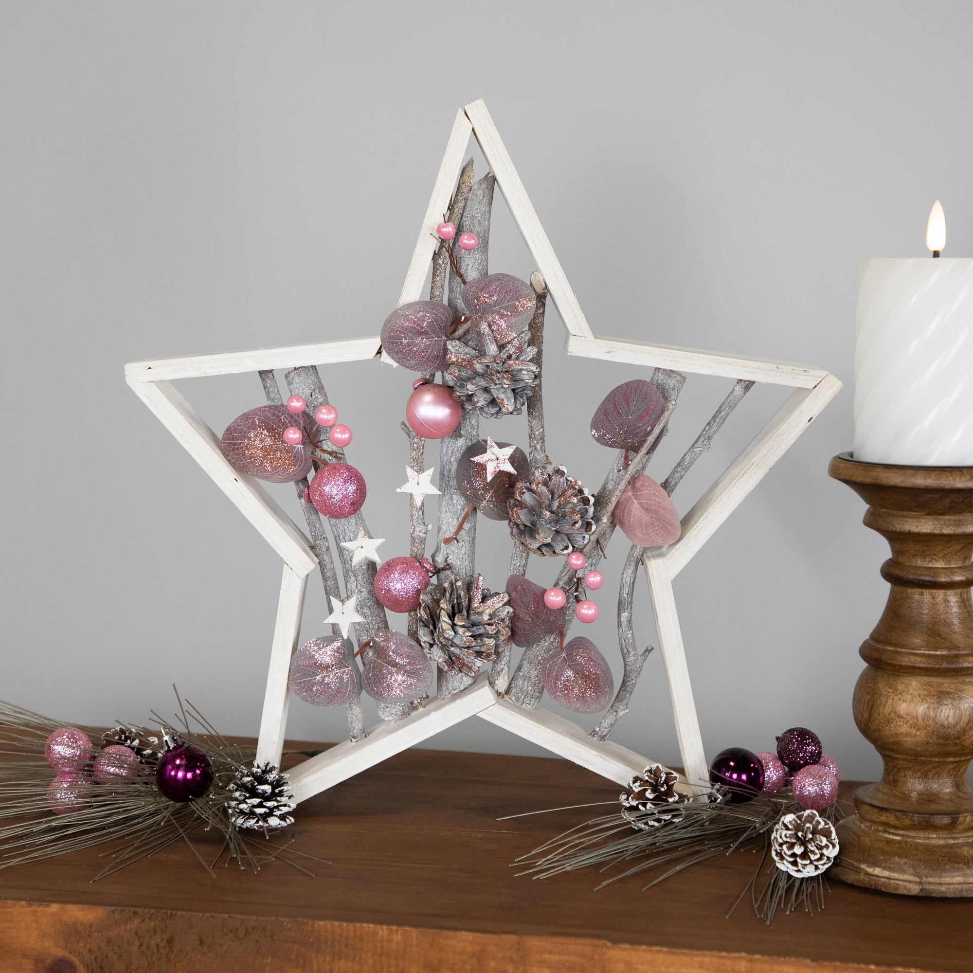 Northlight Ornaments and Pinecones Star-Shaped Birch Wood Christmas Decoration - 14.5"