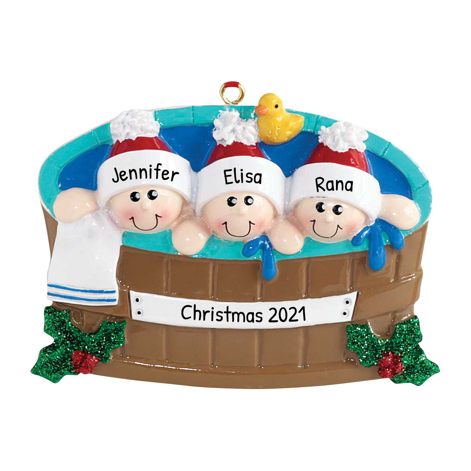 Ornaments by Elves Personalized Family of 3 in Hot Tub Christmas Ornament 2024 Warm Jacuzzi
