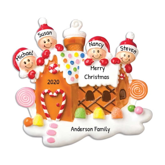 Ornaments by Elves Personalized Family of 4 Christmas Ornament 2024 Elf Gingerbread House Ornament