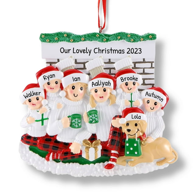 Ornaments by Elves Personalized Family of 6 with Pet Dog Fireplace