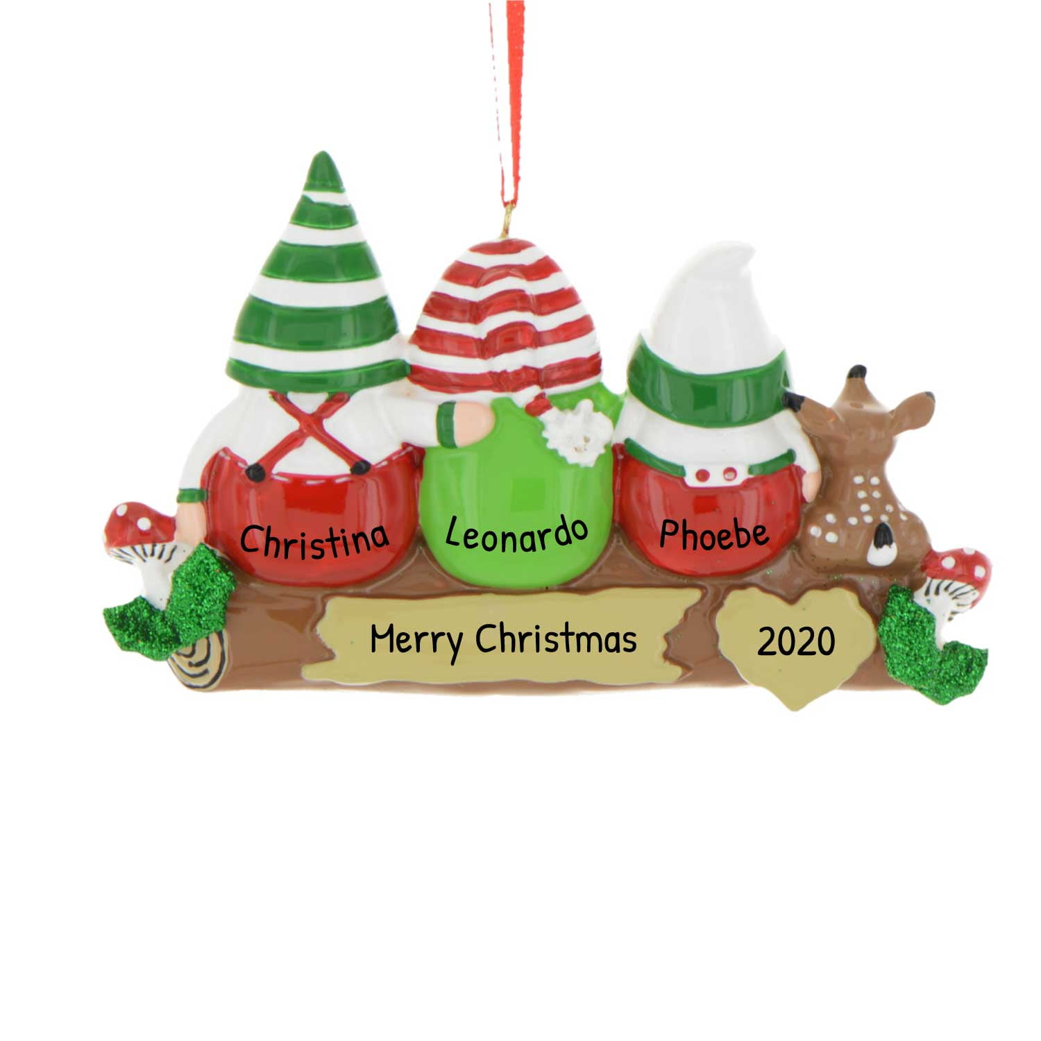 Ornaments by Elves Personalized Gnome Family of 3 Christmas Ornament 2024 on Trunk with Deer