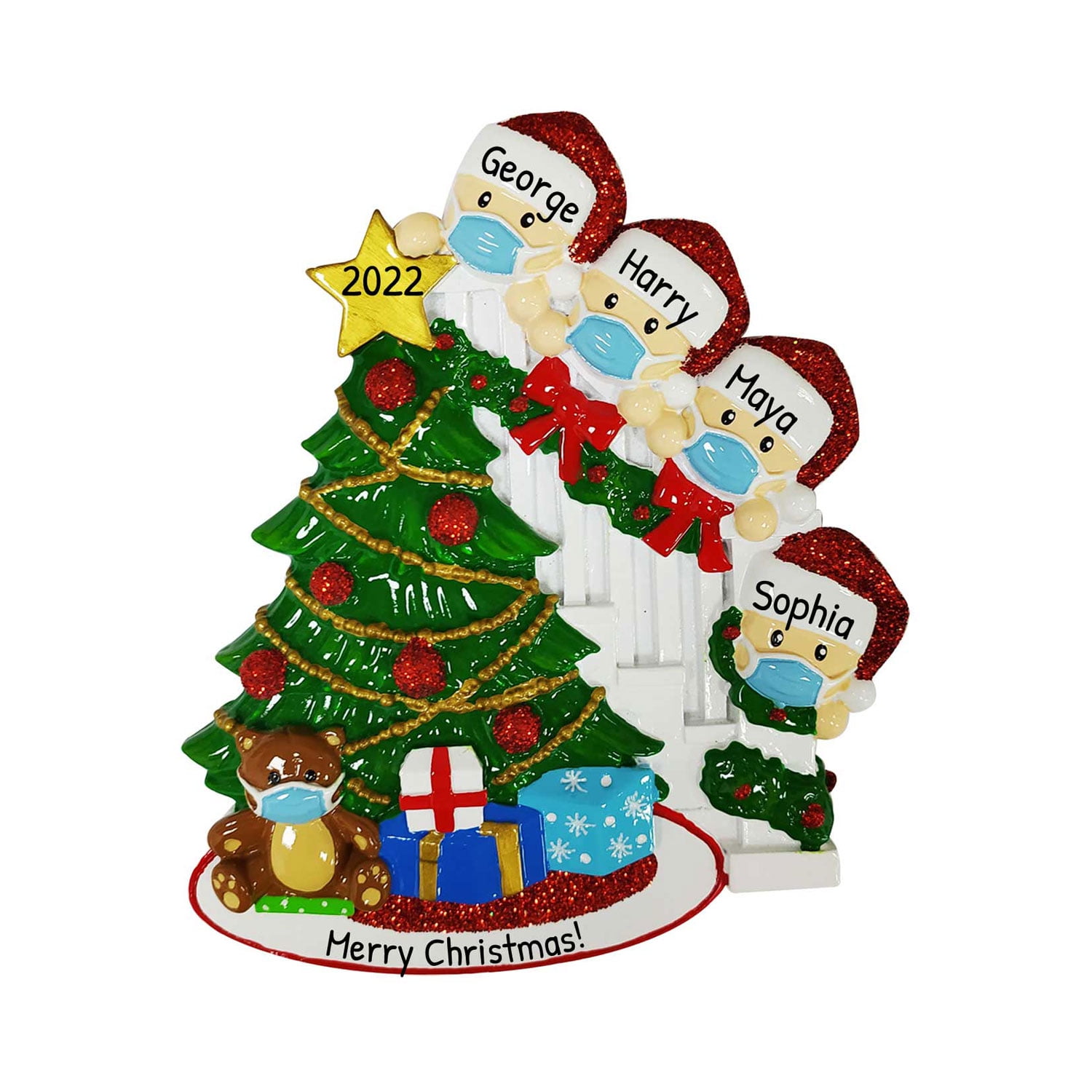 Ornaments by Elves Personalized Masked Family of 4 on Bannister