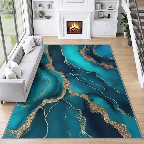 Ornate Abstract Turquoise Marble Rug for Bedroom, Non-Shedding Soft ...