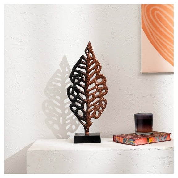 Ornate Aluminum Leaf Table Sculpture on Black Base 17.5" Dcor Accent