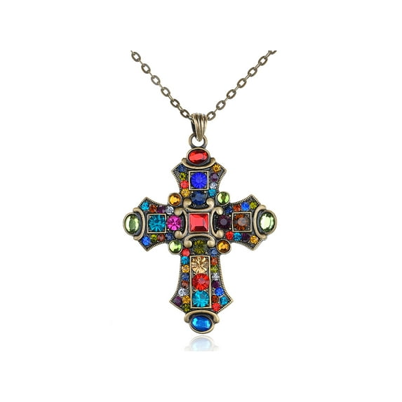Ornate Antique Golden Tone Colorful Rhinestone Cross Pendant Necklace