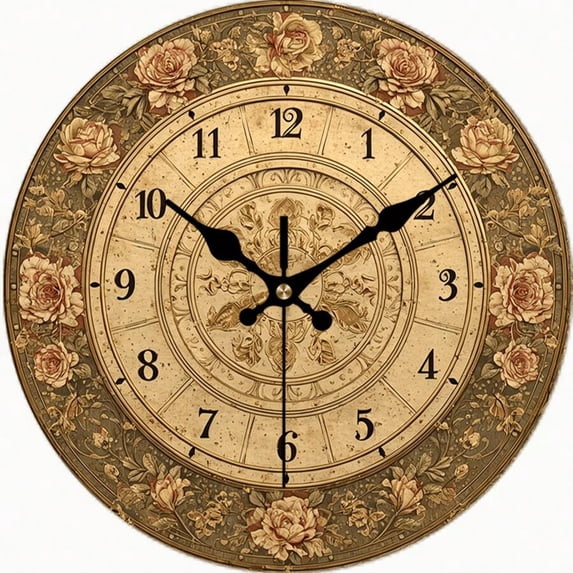 Vontage Roses Ornate Antique Rose Round Wall Clock, Silent Non-Ticking Victorian ...