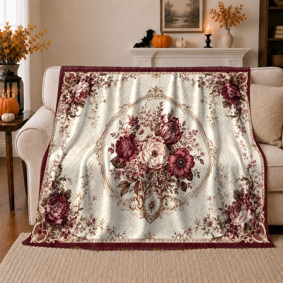 Ornate Baroque Floral Arrangement Autumn Leaves autumn celebration Accents, Warm Flannel Blanket for Cabin and Lodge, Festive autumn celebration Scene, Art Lovers autumn celebration Gift
