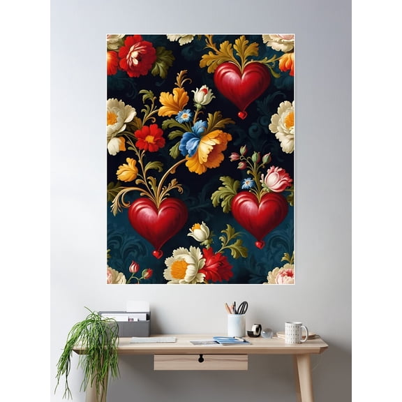 Ornate Baroque Style Bleeding Hearts Floral In Golds Blues And Reds On A Dark Blue Background Poster Wall Art, Modern Wall Decor For Living Room Bedroom, 8x12 UNFRAMED