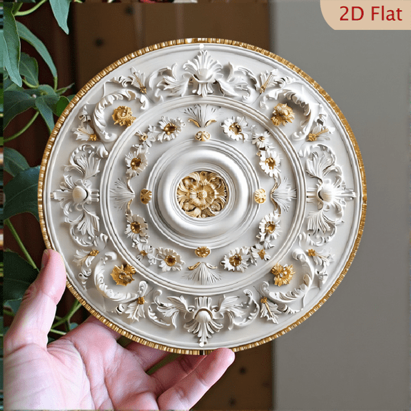 Ornate Baroque Style Round Metal Wall Art, 8x8 Inch Decorative Ceiling Medallion Plaque, Cream and Gold Floral Relief Design Aluminum Wall Decor for Home