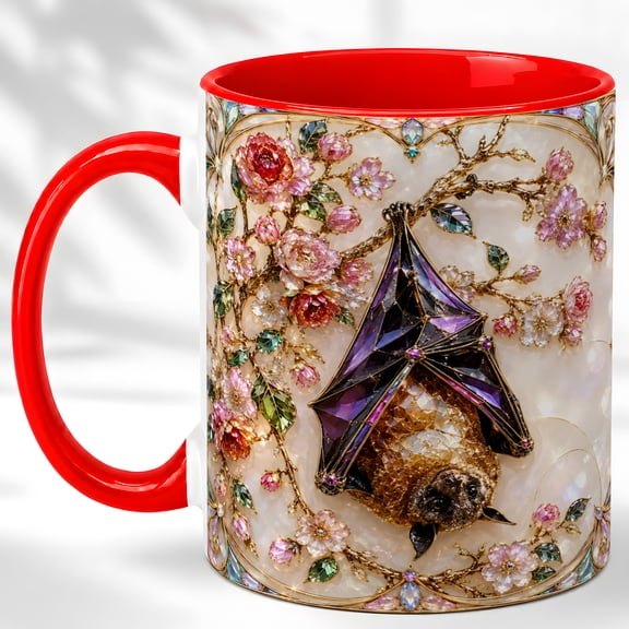Ornate Bat Coffee Mug, Floral Gothic Mug, Ceramic 11 oz