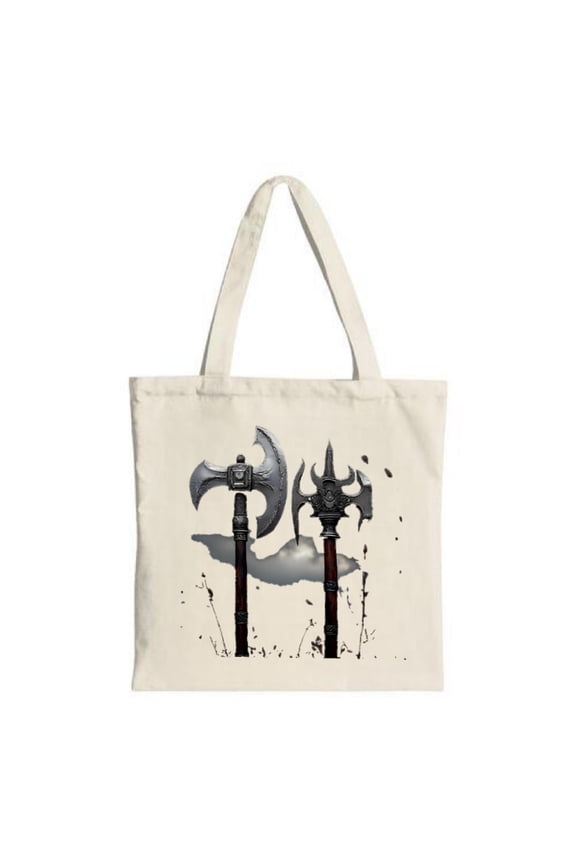 Ornate Battle Axes Tote Bag - Intricate metallic design on light beige canvas perfect for shopping travel and parties