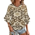 thumbnail image 1 of Ornate Beige Brown Pattern Rug Women's V-Neck Blouse With 3/4 Ruffled Bell Sleeves Casual Top Ladies Blouses, 1 of 7