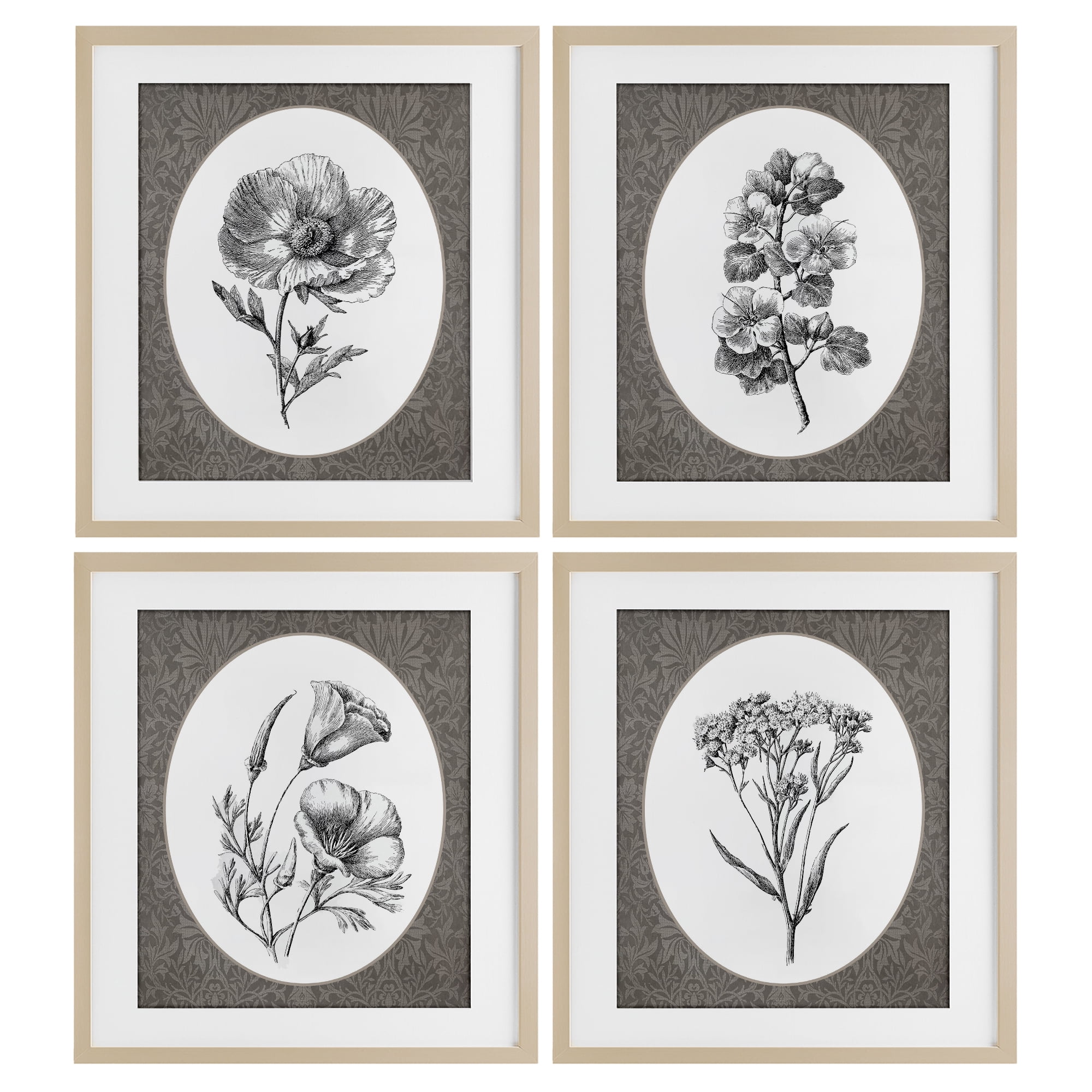 Ornate Blooms over Damask 4 Piece Birch Framed Print Under Glass Set, design by Lettered and Lined