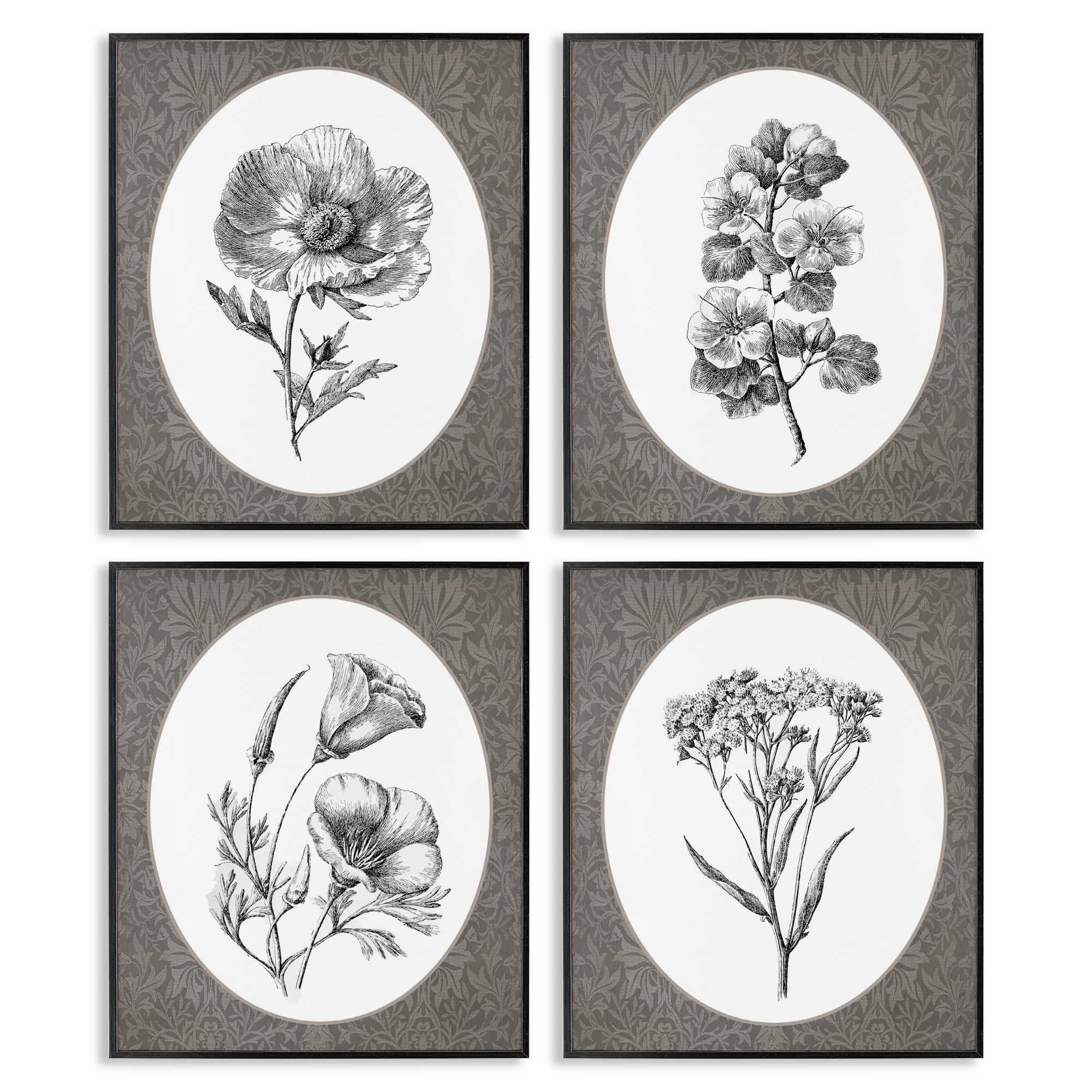 Ornate Blooms over Damask 4 Piece Black Framed Giclee Art Set, design by Lettered and Lined