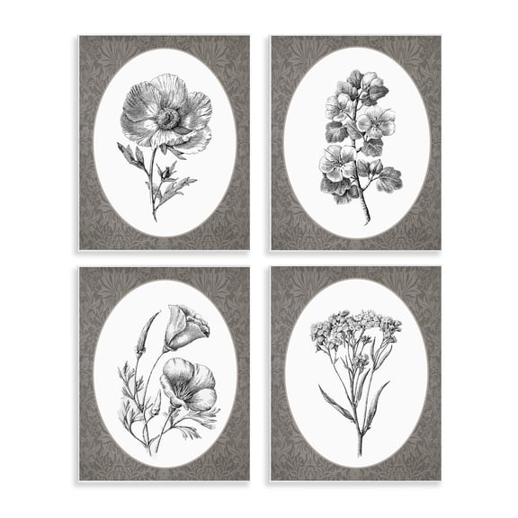 Ornate Blooms over Damask 4 Piece Wall Plaque Art Set, design by Lettered and Lined