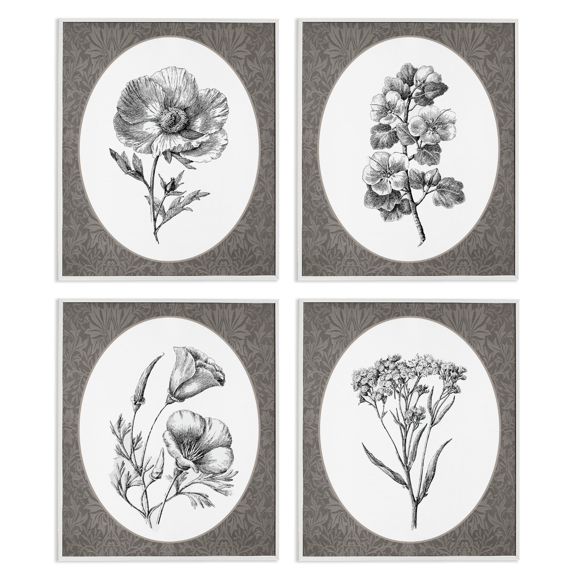 Ornate Blooms over Damask 4 Piece White Framed Giclee Art Set, design by Lettered and Lined