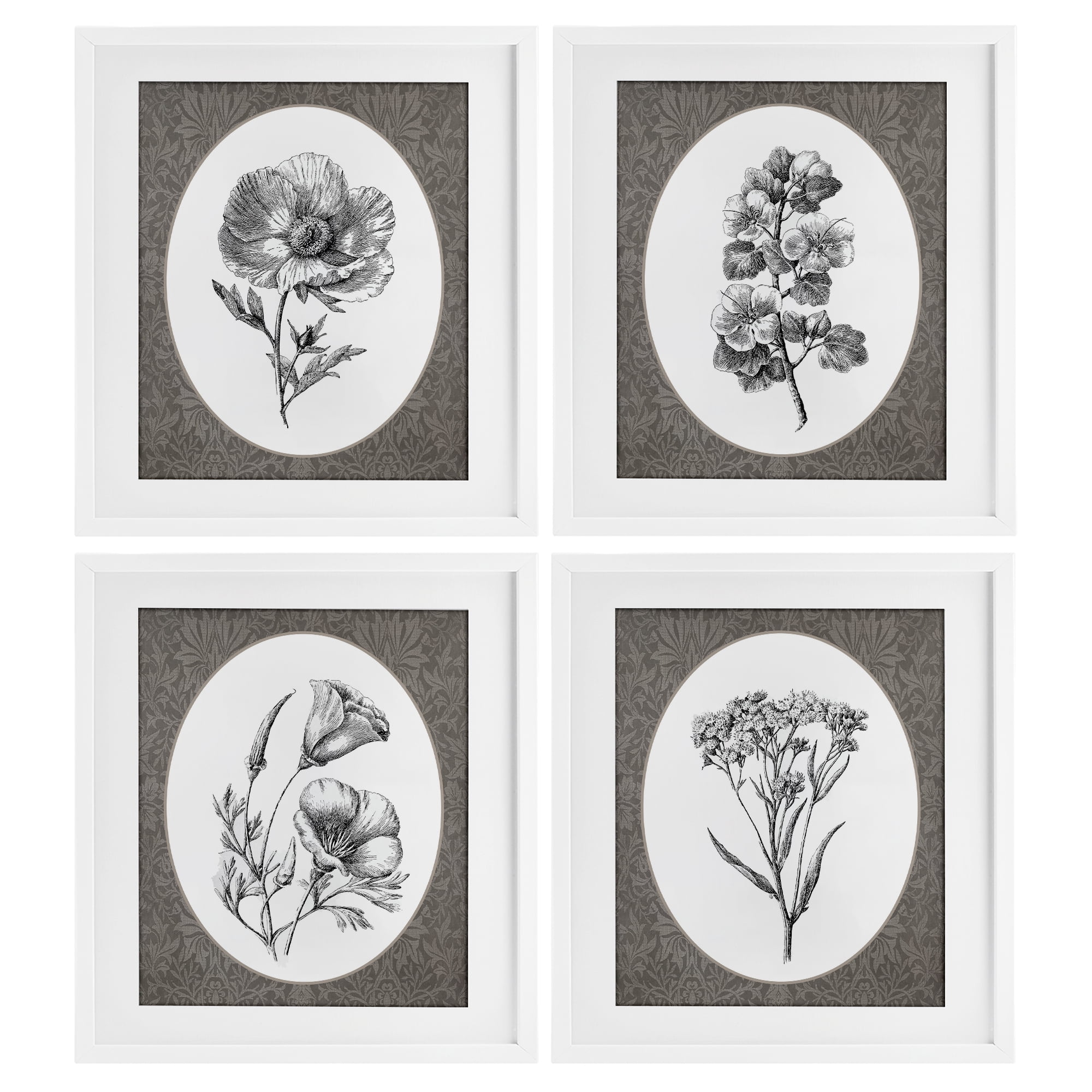 Ornate Blooms over Damask 4 Piece White Framed Print Under Glass Set, design by Lettered and Lined
