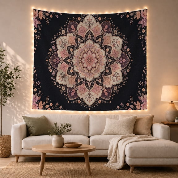 Ornate Botanical Mandala on Deep Black, Romantic Vintage for Boho Decor Lovers, Elegant Floral Wall Art Housewarming Gift, Tapestry Wall Hanging for Bedroom and Living Room