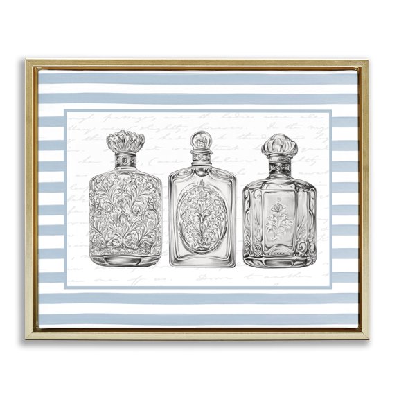 Stupell Industries Ornate Bottles on Blue Stripes Gold Framed Floater Canvas Wall Art, design by Lettered and Lined, 17 x 21