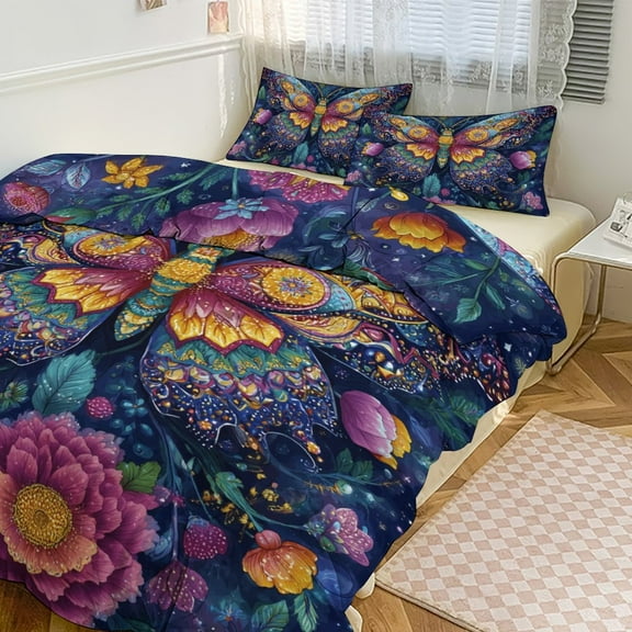 Ornate Butterfly Vibrant Floral Art Bedding Set with Zipper Closure for Girls & Boys