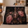thumbnail image 1 of Ornate Cameo decorative motif Bottle With Pink Peonies, Soft Flannel Blanket with Victorian Still Life Print, Housewarming Gift and Home Decor for Bedroom and Living Room, 1 of 7