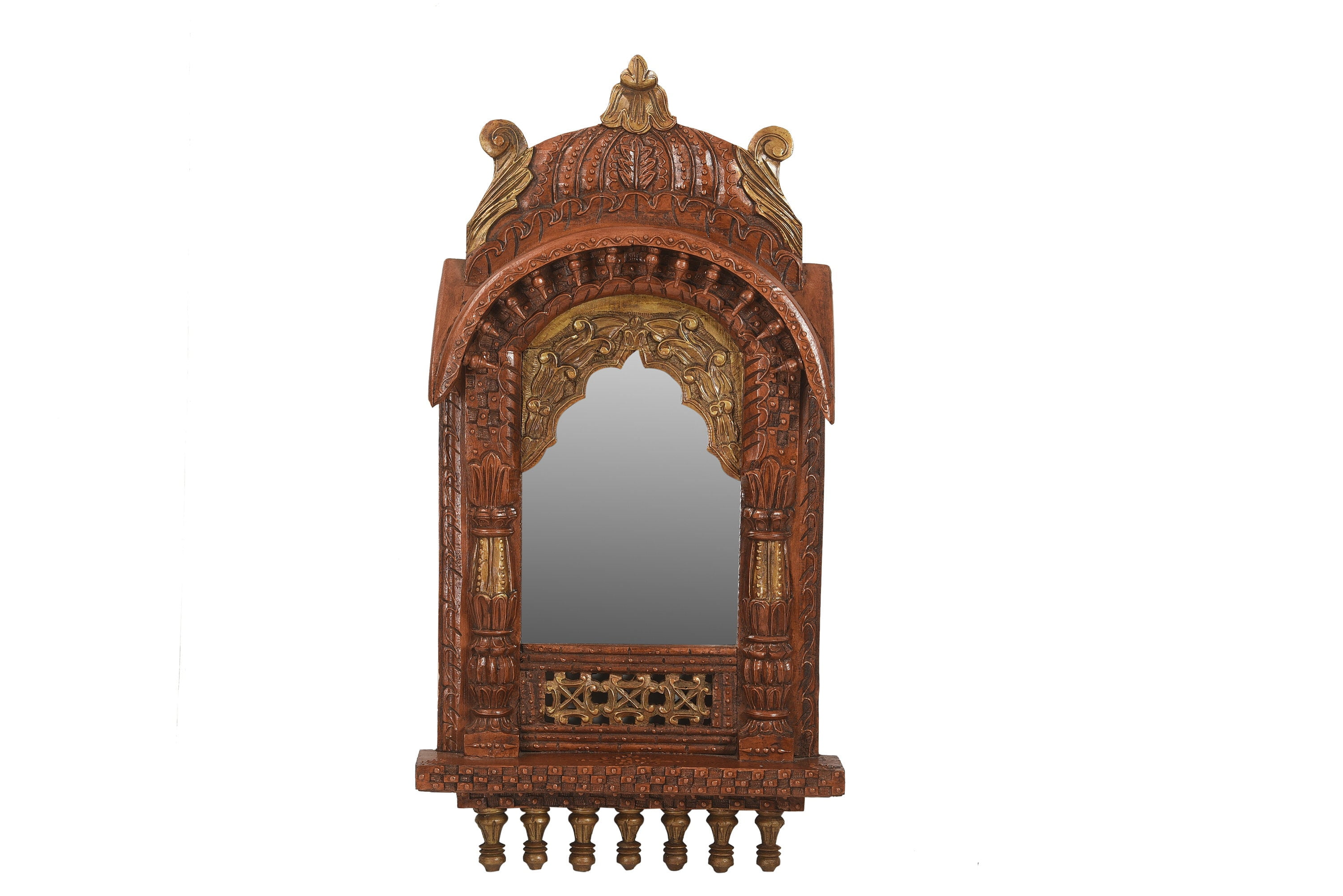 Ornate Carved Jharokha 32"" Tall Mirror With Copper Hand Painting ...