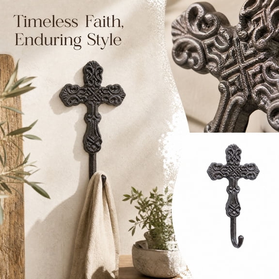 Ornate Cast Iron Cross Wall Hook, Vintage FaithInspired Decorative Wall Hanger, Antique Scrollwork Metal Wall Hook for Towels Coats Bags, Rustic Wall Art Decor for Entryway Bathroom Living Room