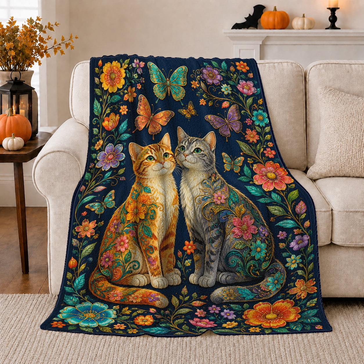 ornate-cats-with-butterflies-folk-art-flannel-blanket-cozy-warm-home