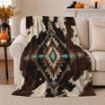 thumbnail image 1 of Ornate Central Diamond Against Dark spotted cattle pattern Patches, Soft Flannel Blanket with Ornamental Western Print, Housewarming Gift and Home Decor for Bedroom and Living Room, 1 of 7