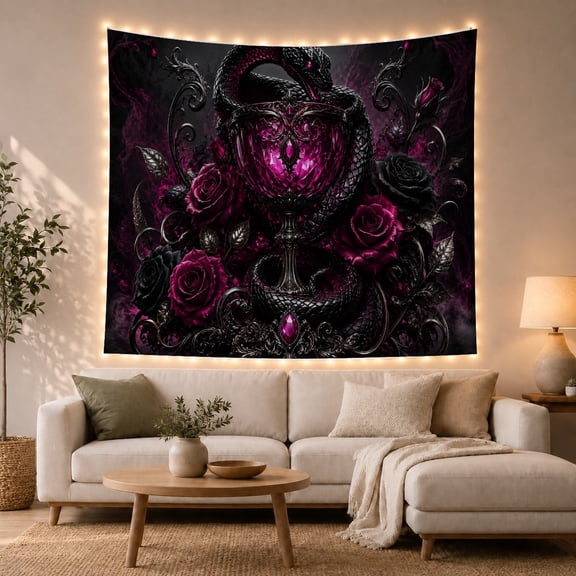Ornate Chalice with Snake and Roses in a Smoky Dark Garden, Mystical Gothic for Dark Art Lovers, Fantasy Decor Wall Art, Halloween Gift Tapestry Wall Hanging for Bedroom and Living Room