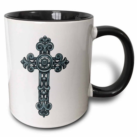 3drose, Ornate Christian Cross, 15oz Two-tone Black Mug