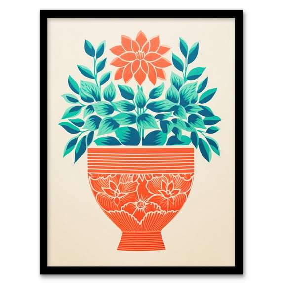 Ornate Coral Flower Pot Flowers Simple Bold Artwork Screen Print Vintage Art Print Framed Poster Wall Decor 12x16 inch