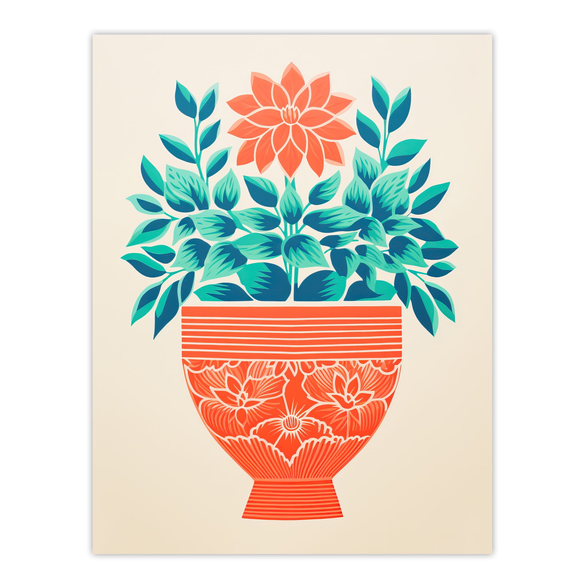 Ornate Coral Flower Pot Flowers Simple Bold Artwork Screen Print