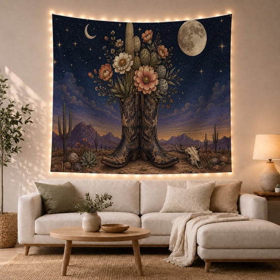 Ornate Cowboy Boots with Cacti under Twin Moons, Mystical Fantasy for Western Fans, Celestial Desert Art, Housewarming Gift, Tapestry Wall Hanging for Bedroom and Living Room