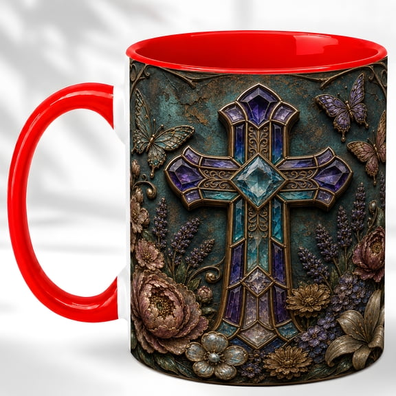 Ornate Cross Coffee Mug, Floral Faith Mug, Ceramic 11 oz