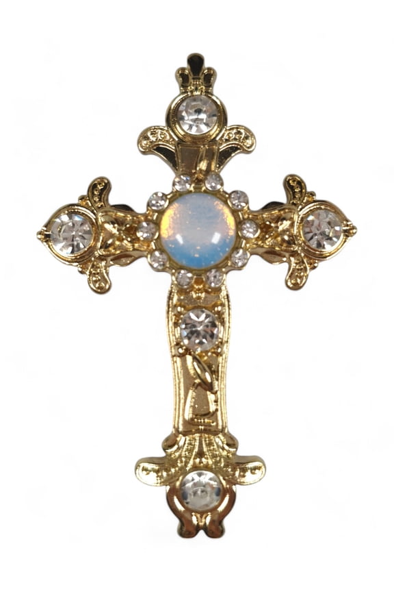 Ornate Cross Pin Brooch Rhinestone Gold Tone Faux Opal Gemstone 2 3/4"