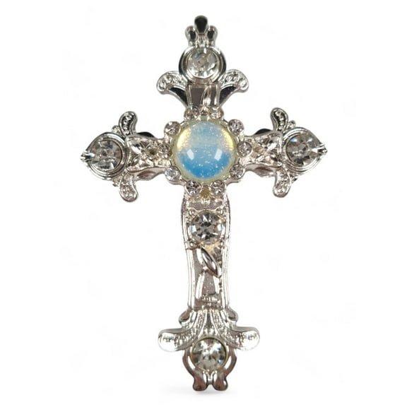 Ornate Cross Pin Brooch Rhinestone Silver Tone Faux Opal Gemstone 2 3/4"