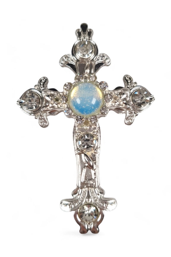 Ornate Cross Pin Brooch Rhinestone Silver Tone Faux Opal Gemstone 2 3/4"