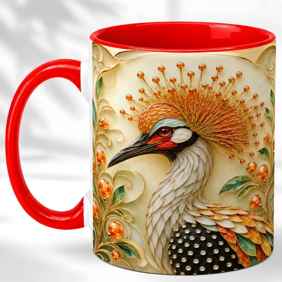 Ornate Crowned Crane Coffee Mug, Crane Bird Mug, Ceramic 11 oz