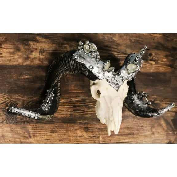 Ornate Crystal Gems Silver Bolted Bighorn Sheep Ram Skull Desktop Or Wall Plaque